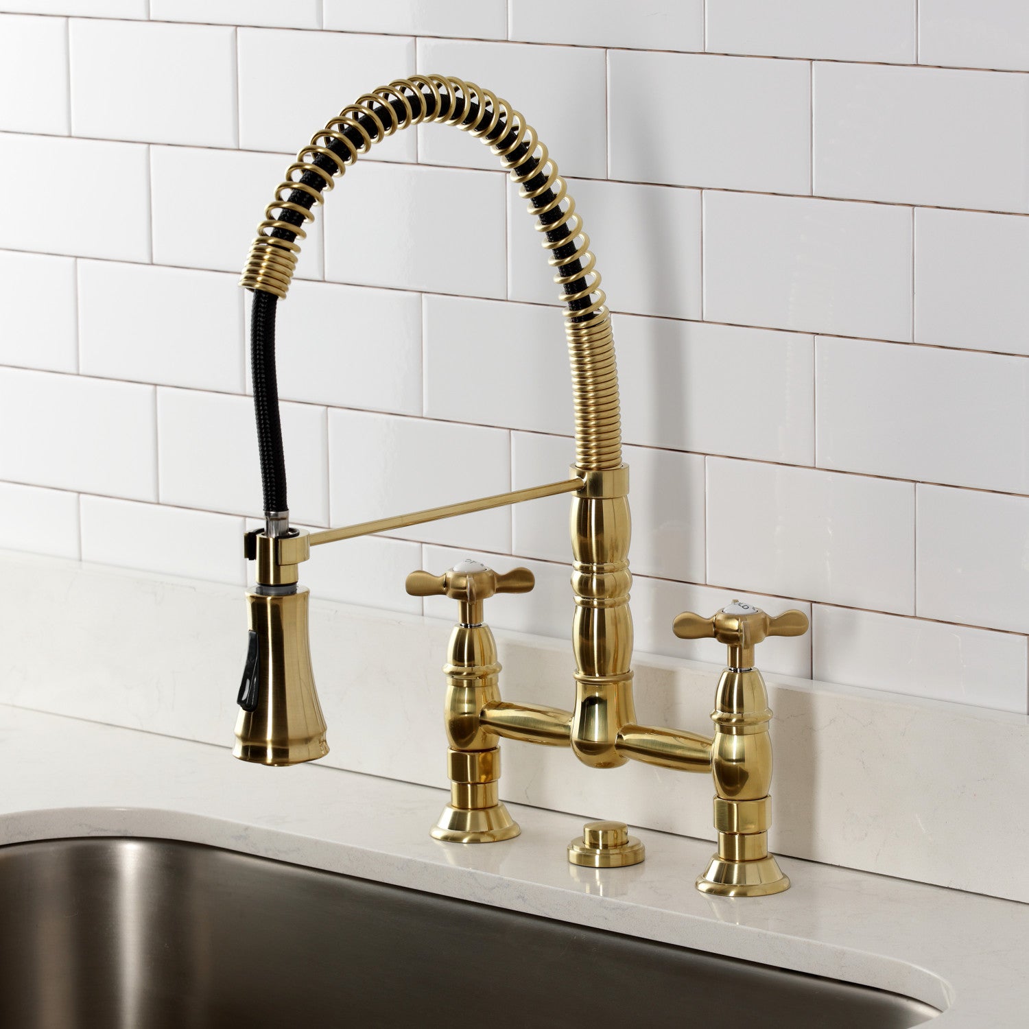 Kingston Tulare GS1277BEX - Essex Double-Handle 2-Hole Deck-Mount Pre-Rinse Bridge Kitchen Faucet, Brushed Brass — thumbnail 2